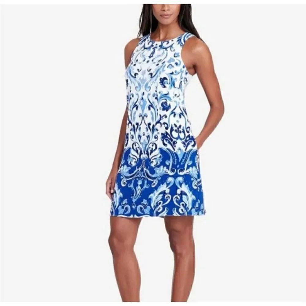 Lauren Ralph Lauren Sleeveless Floral Print Blue/white Sheath Dress Size 8 G13